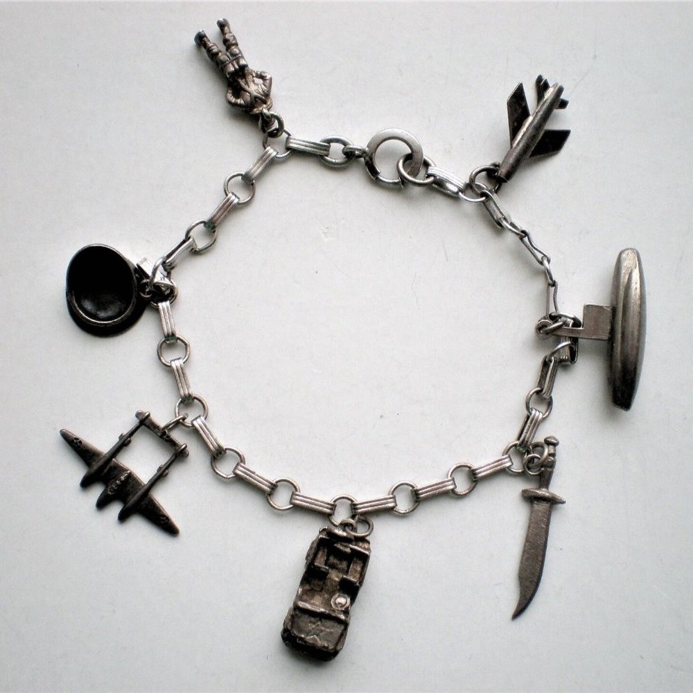 Antique Vintage LESTAGE Sterling Silver Plane Car Submarine Charm Bracelet